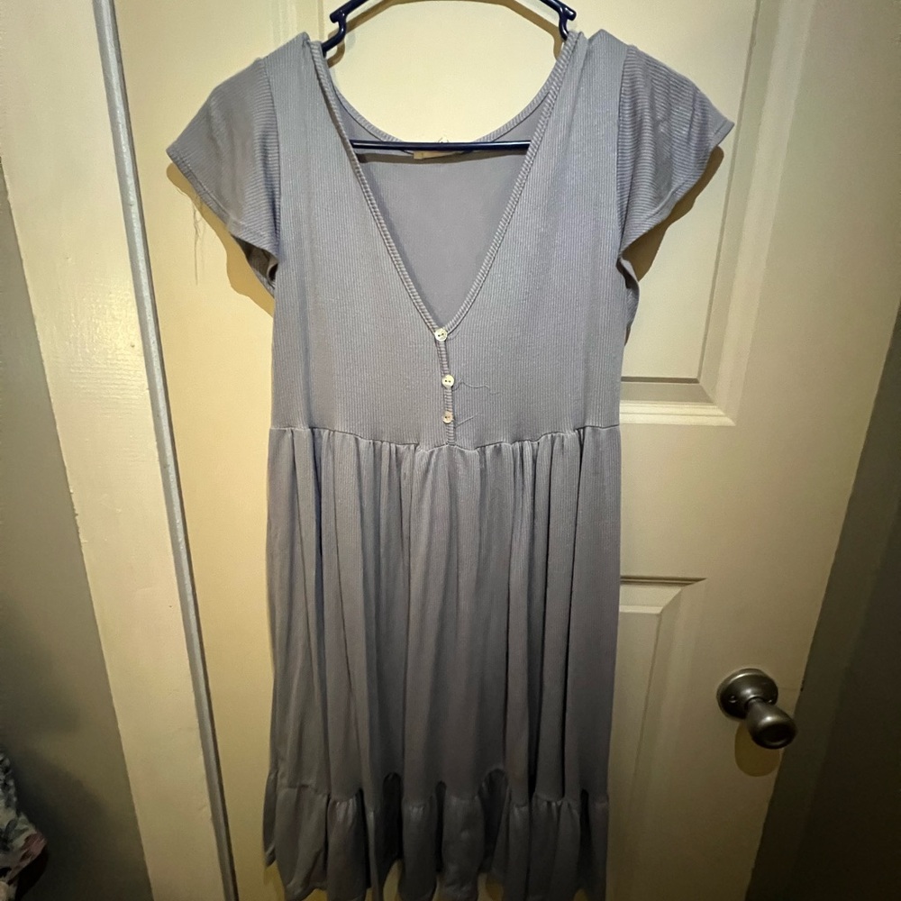 Gray V-Neck Buttoned Dress